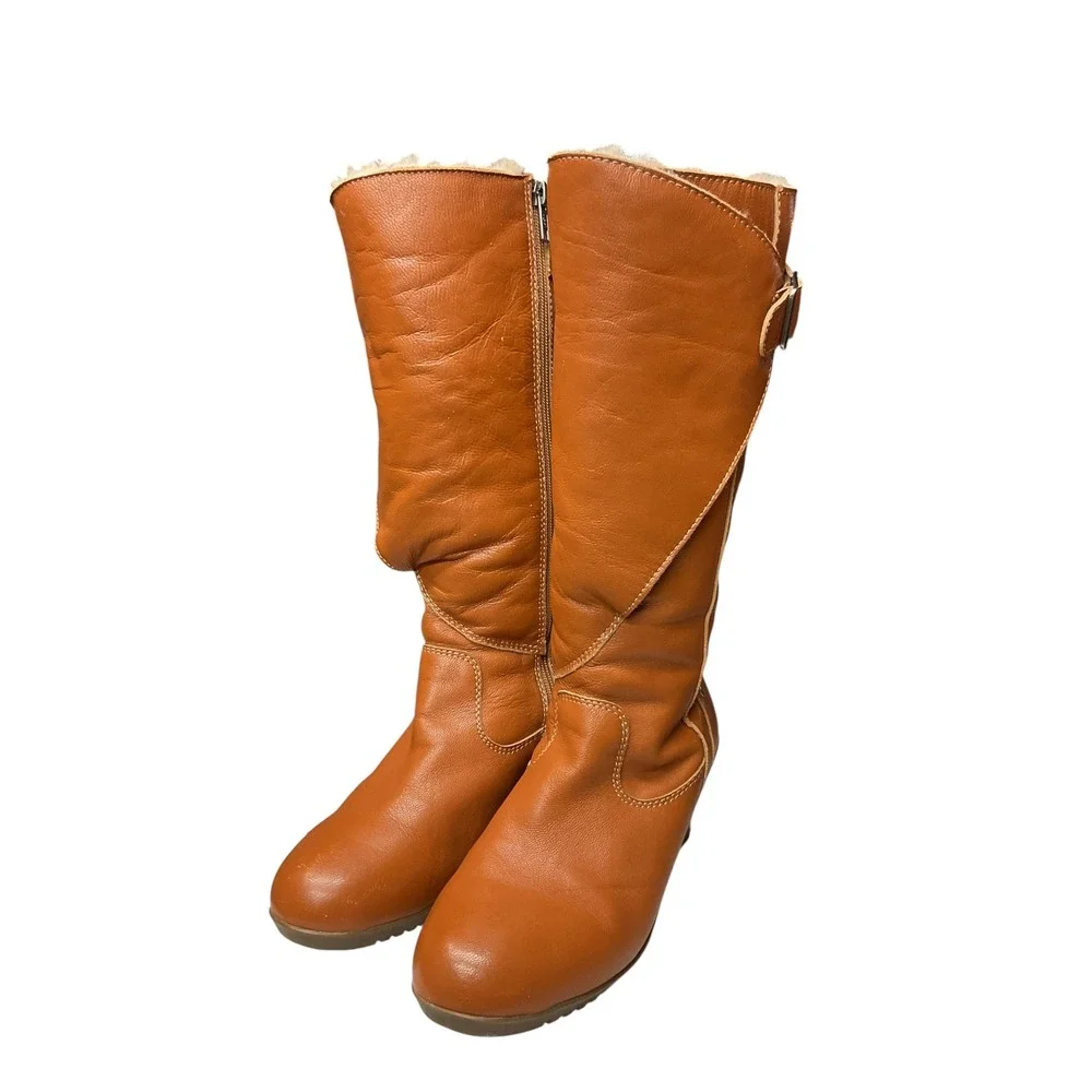 UGG Corinth Shearling Lined Wedge Knee High Leather Buckle Zip Wedge Boots Sz 10